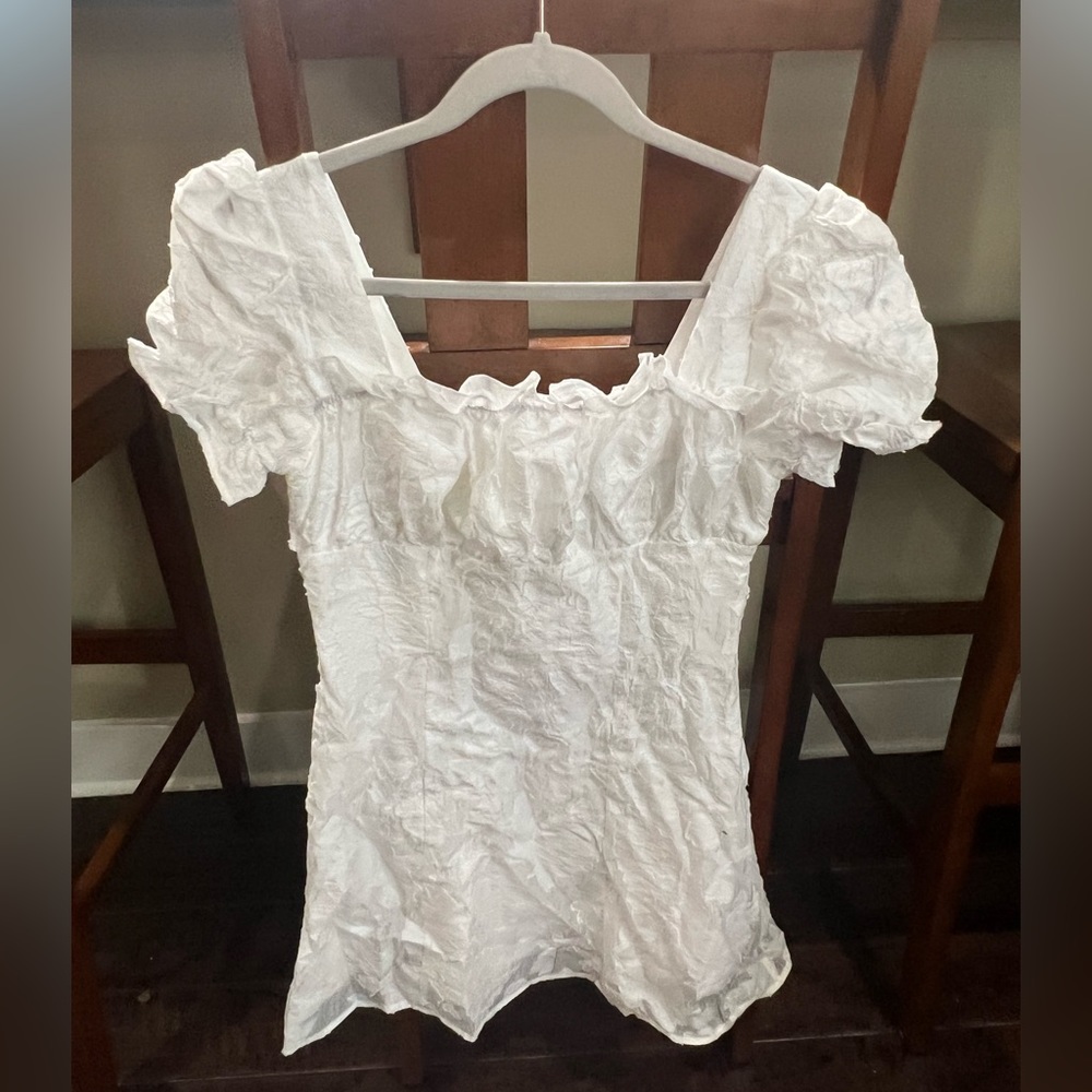 White embroidered ruffle sleeve fit and flare mini dress